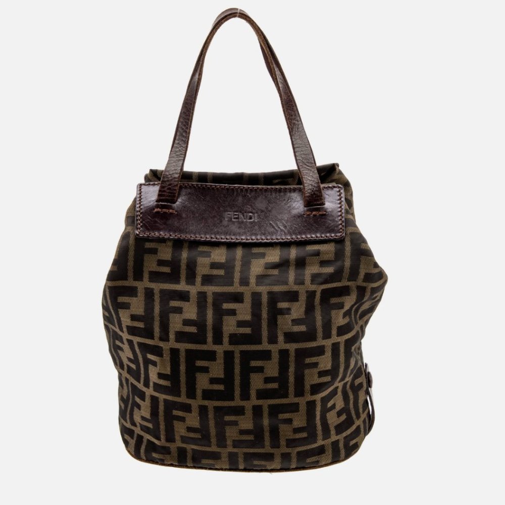 Fendi Foldable Mini Tote Bag Brown Zucca FF Nylon Leather Trimmed
